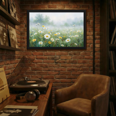 Plantes et fleurs, champ brumeux avec des marguerites et des fleurs jaunes
