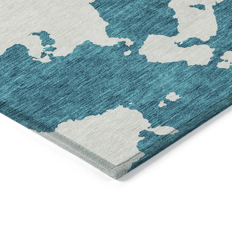 Teal Abstract Rectangular Washable Synthetic Indoor/Outdoor Rug 3' x 5'
