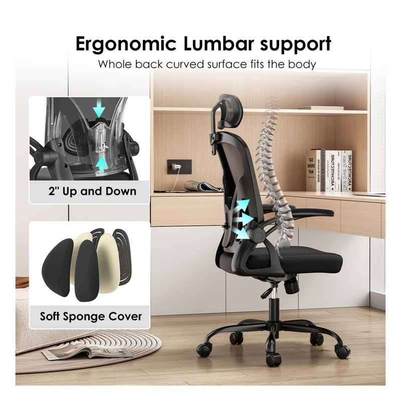 Chaise de bureau ergonomique avec support lombaire réglable - Chaise de bureau en filet à dossier haut avec accoudoirs relevables à 90 ° et appui-tête rotatif à 30 ° pour le bureau personnel