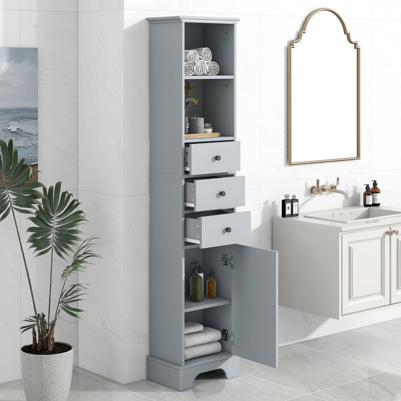Anegada Freestanding Bathroom Cabinet,Tall Storage Cabinet with 3 Drawers and Adjustable Shelves, Light Gray