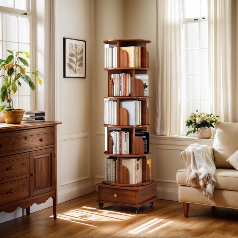 (UPGRADED) Rotating Bookshelf, 360 Display Corner Bookshelf For Small Space, 6 Tier Bookcase Storage Rack With Wheels, Wood Narrow Organizer For Bedroom, Living Room, Study Room, Walnut Brown, Shelves