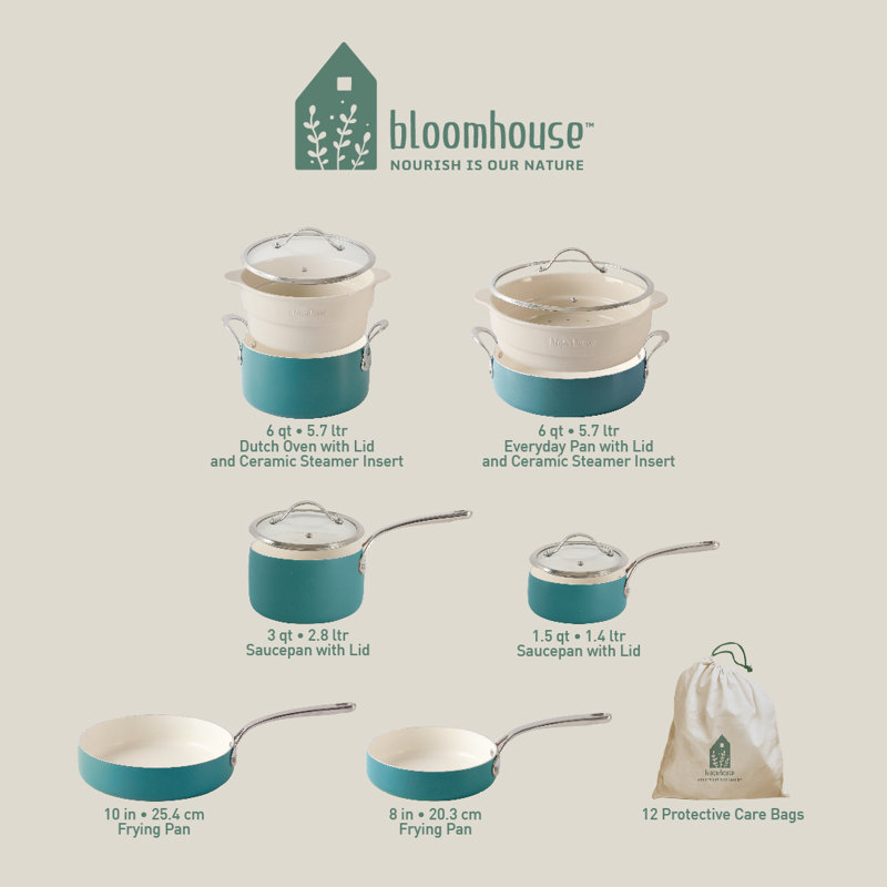 12 - Piece Non-Stick Aluminum Cookware Set, Agave Blue
