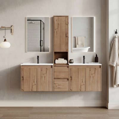 60" Floating Double Bathroom Vanity with Upper Cabinet, Ceramic Sink and Handle-Free Design