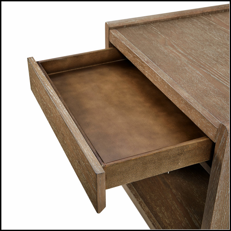 Table de bout avec tiroir à fermeture en douceur et tablette ouverte au fini cacao chaud, parfaite pour un décor moderne et rustique.