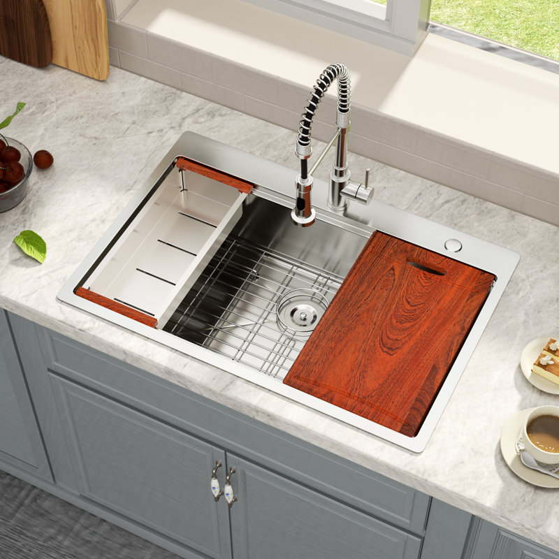  33'' L Drop-In Kitchen Sink Single Bowl 16 Gauge Stainless Steel Workstation Sink Kitchen Sink