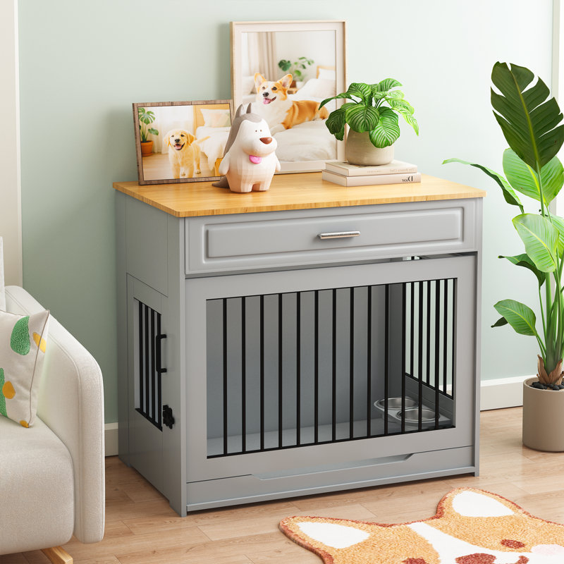 Large Dog Crate Furniture with Flip-up Door, Drawer, Grey