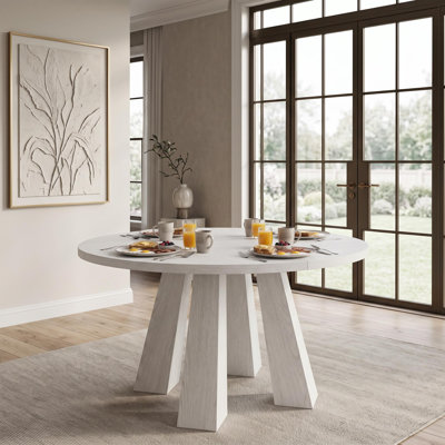47 in. Round Dining Table for 4-6, 30 in. Tall Engineered Wood Top with 4 Slanted Metal Legs, Farmhouse Kitchen Table for Dining Room Breakfast Nook Apartment, Cool White Embossed