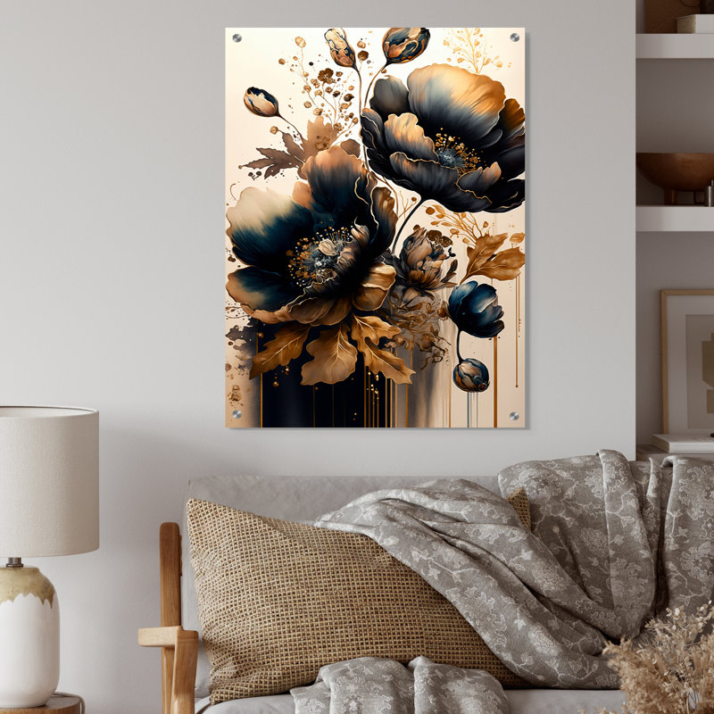 Décoration murale en acrylique bleu marine et coquelicot doré IV - Coquelicot, H 32 po x l 24 po