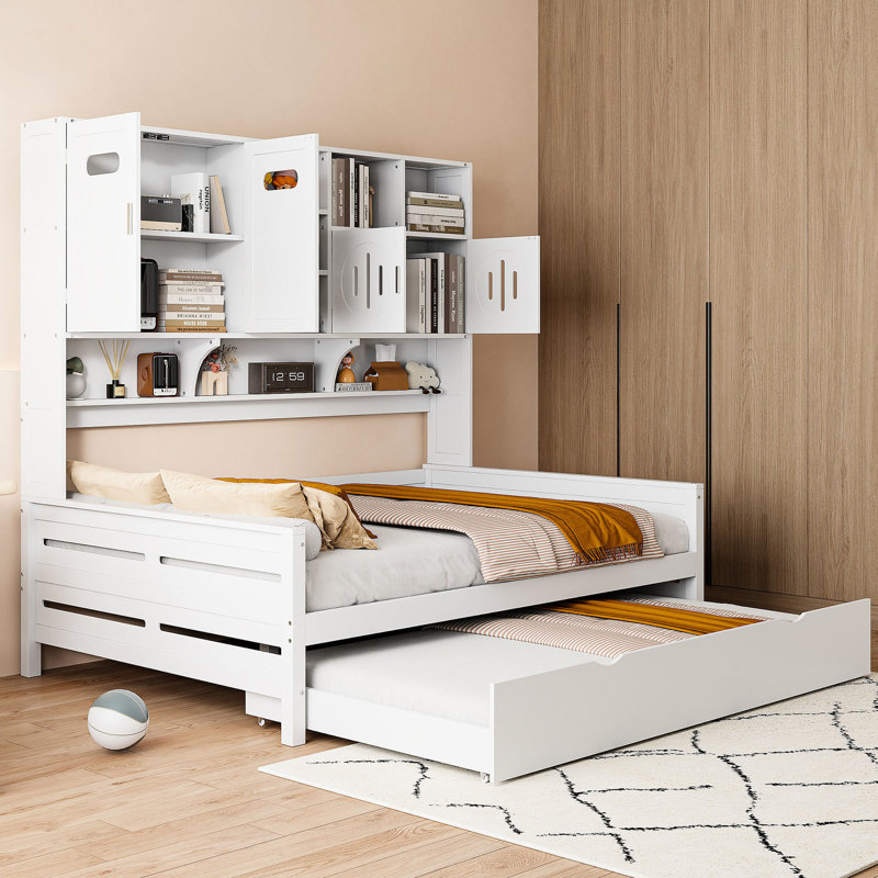 Lit de jour en bois blanc avec lit gigogne et armoire, lit simple simple mais design