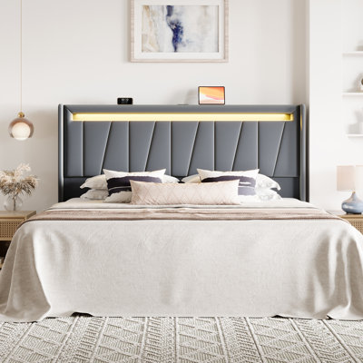 Modern Upholstered Bed Frame With RGB LED Lights, Charging Station & Geometric Wingback Headboard
