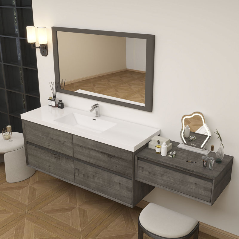 Meuble-lavabo mural 90 po avec chêne en acrylique renforcé Aliki, Chêne fumé