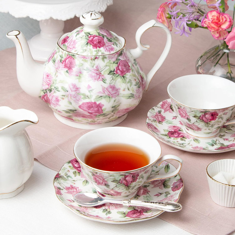 Grace Teaware Summer Rose Chintz 5-Piece Porcelain Tea Set