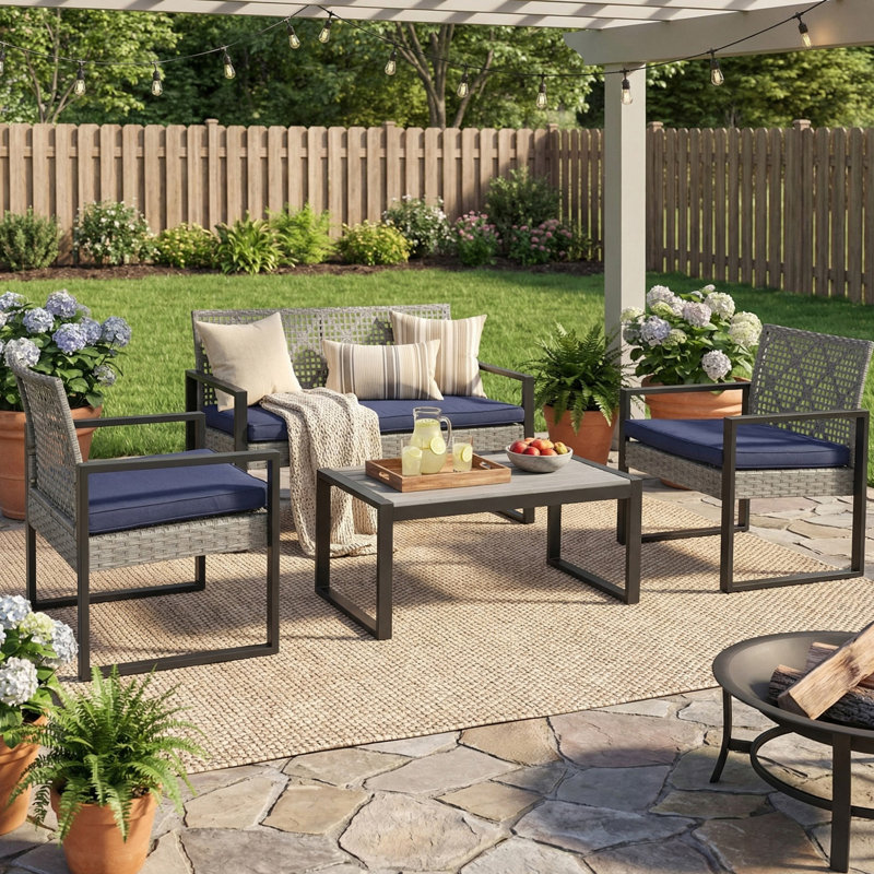 4-Piece Outdoor Seating Group With Removable Cushions, Patio Conversation Set With Wood Tabletop for Backyard, Poolside, Blue
