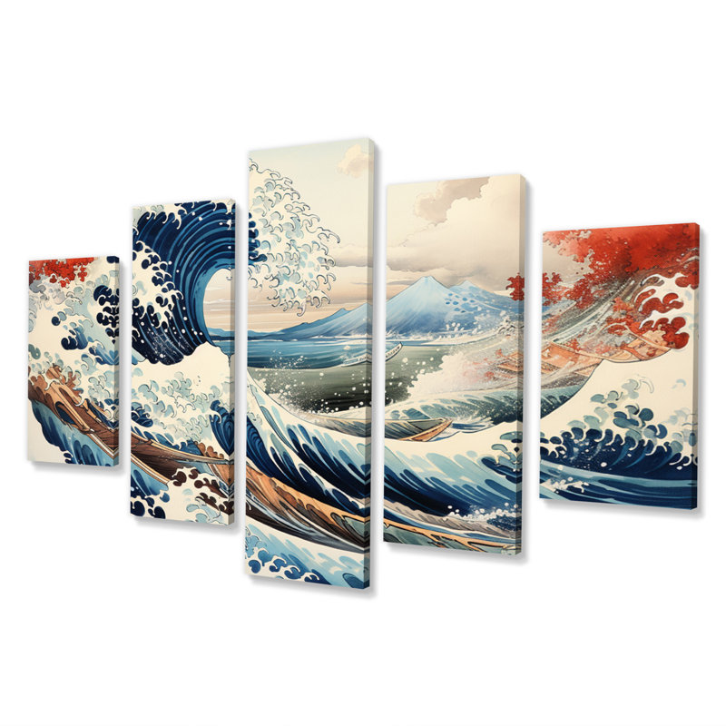  «Coral Master Chef The Great Wave Of Kanagawa - Nautical & Beach, reproduction d'art sur toile - 5 panneaux