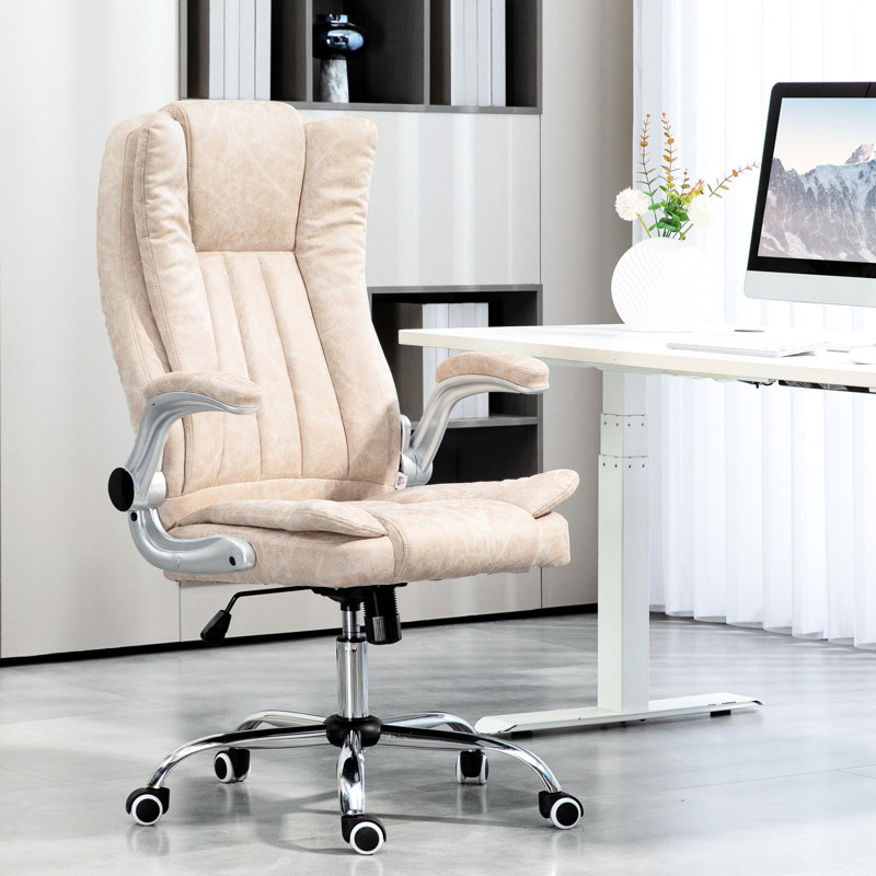 Fauteuil ergonomique blanc crème - Accoudoirs rabattables rembourrés, dossier haut en microfibre, hauteur et inclinaison réglables, pivotement à 360 ° avec accoudoirs, fonctionnalité
