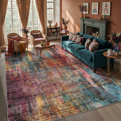 Washable Abstract Rug Ombre Distressed Non Slip Stain Resistant Low Pile Indoor Carpet