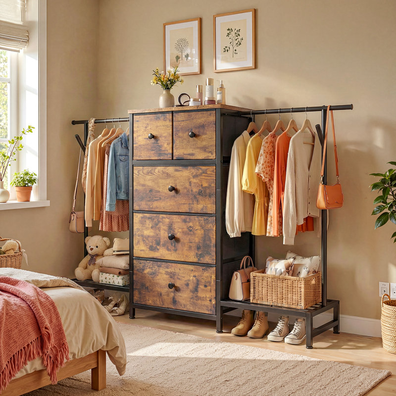 Multifunctional 5-Drawer Dresser with Dual Hanging Rods & Shelves for Small Spaces, Apartment Bedroom & Entryway Organizer