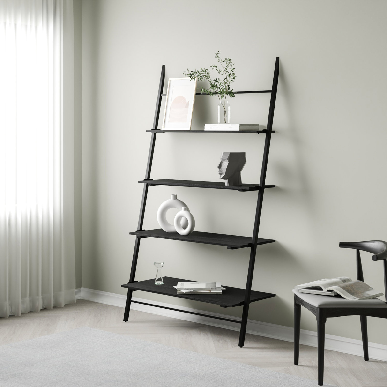 Innes Narrow Ladder Bookcase, Black, (4 Shelves) 74" H x 42" W x 18" D