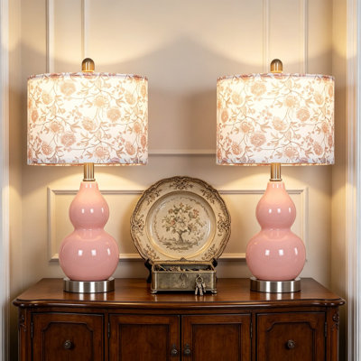 Ensemble de 2 lampes de table modernes en céramique avec abat-jour en lin floral, lampes de chevet à double courge pour le salon, la chambre à coucher, le bureau et le dortoir, comprenant 2 ampoules à DEL écoénergétiques