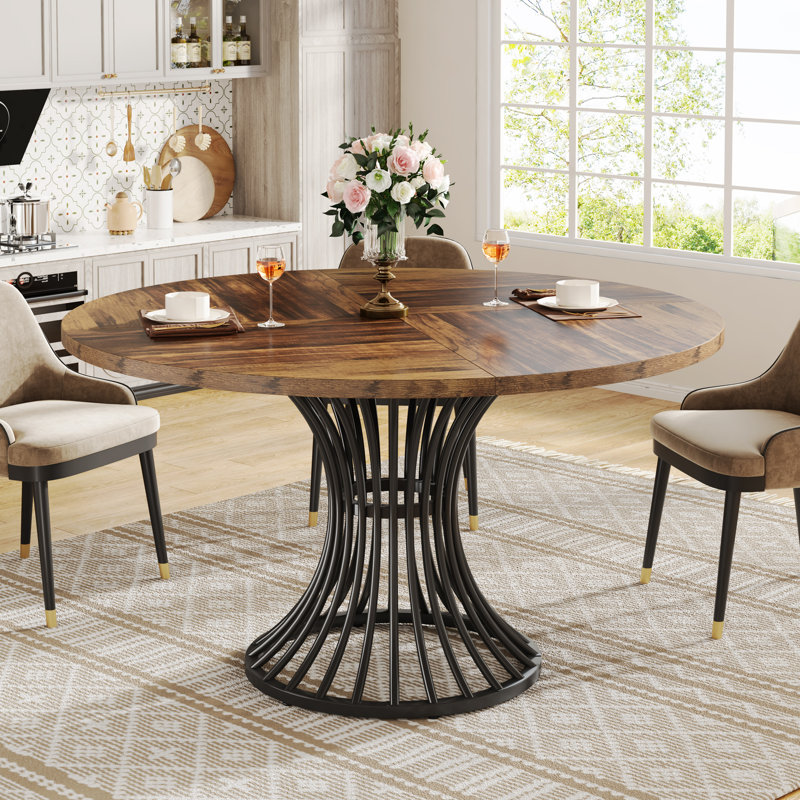 Ashiyah Round Metal Base Dining Table, Brown, Black