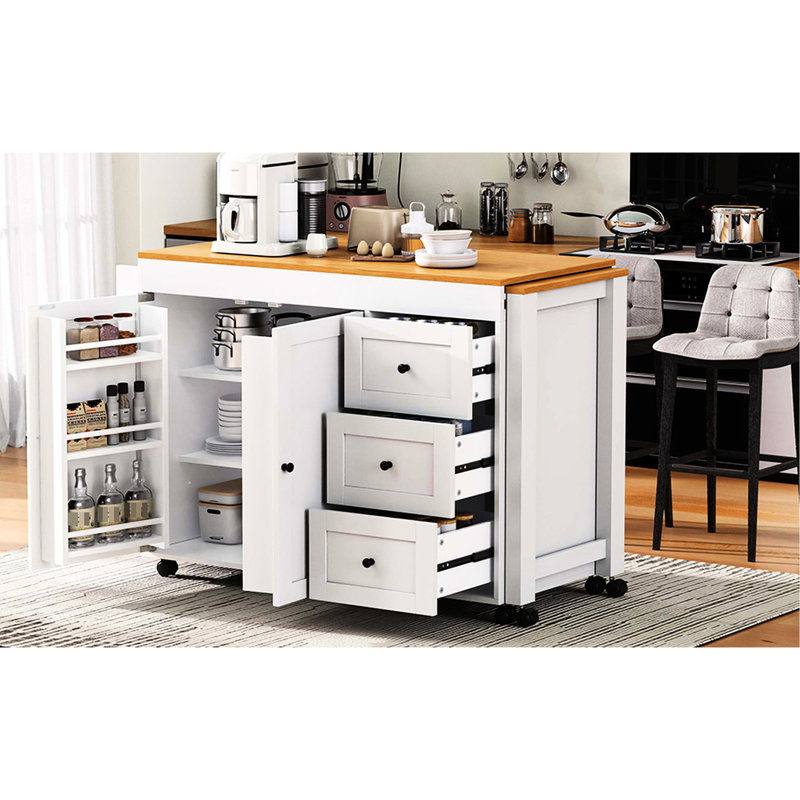Îlot de cuisine de 74,8 po avec table de salle à manger extensible de 27,6 po pour les réunions de famille, 3 tiroirs, prises de courant multiples intégrées, support à épices latéral, 2 portes de grange, 7 roues universelles verrouillables, blanc