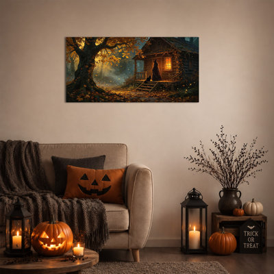 Toile d'art mural sorcière, décoration murale de photos d'Halloween, peinture de forêt mystique pour le salon ou la chambre à coucher, œuvre d'art tendue avec châssis vertical, prête à être suspendue, 12 po x 24 po