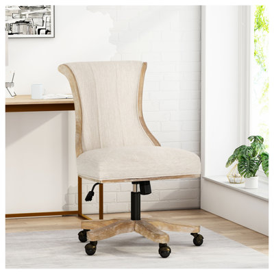 Chaise de bureau pivotante et relevable avec coutures verticales, chaise de travail en tissu beige et naturel