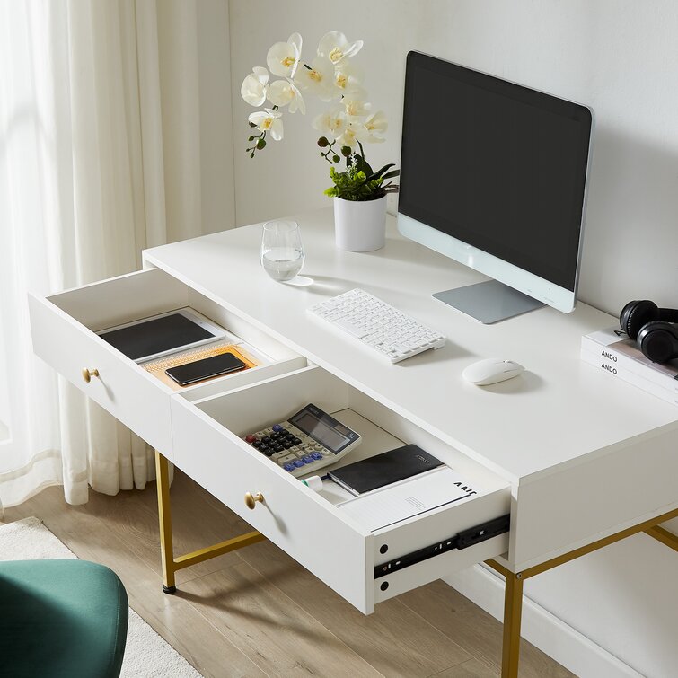 Everly Quinn 41 in Computer Desk With Two Drawers, White and Gold Modern  Study Writing Desk & Reviews