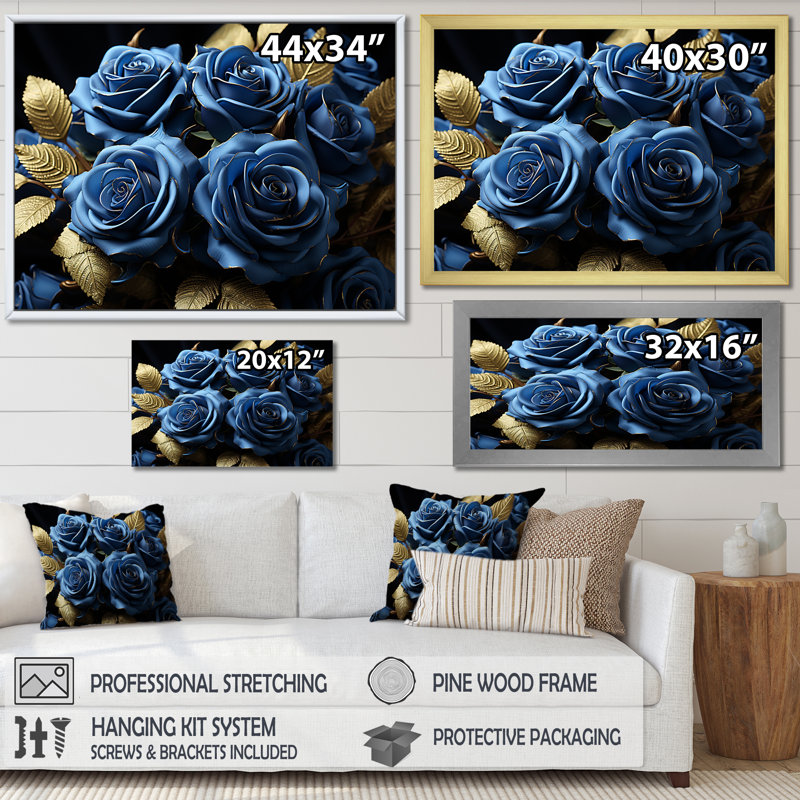 «Azure Blue Roses Arrangement Elegance II», reproduction sur toile, Cadre simple blanc, H 24 po x l 32 po x P 1 po
