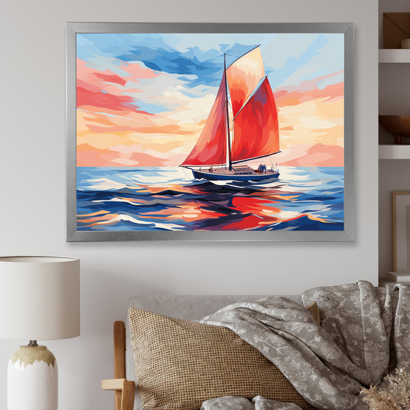 Coucher de soleil sur un bateau à voile I - Bateau, art mural, Cadre flottant doré, H 12 po x l 20 po x P 1 po