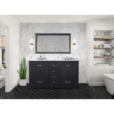 Meuble-lavabo double 60 po x 22 po, comptoir et robinet en marbre, miroir de 58 po - Surface avec rayures et taches de l 60 po x P 22 po avec comptoir, résistance aux rayures des 58 H