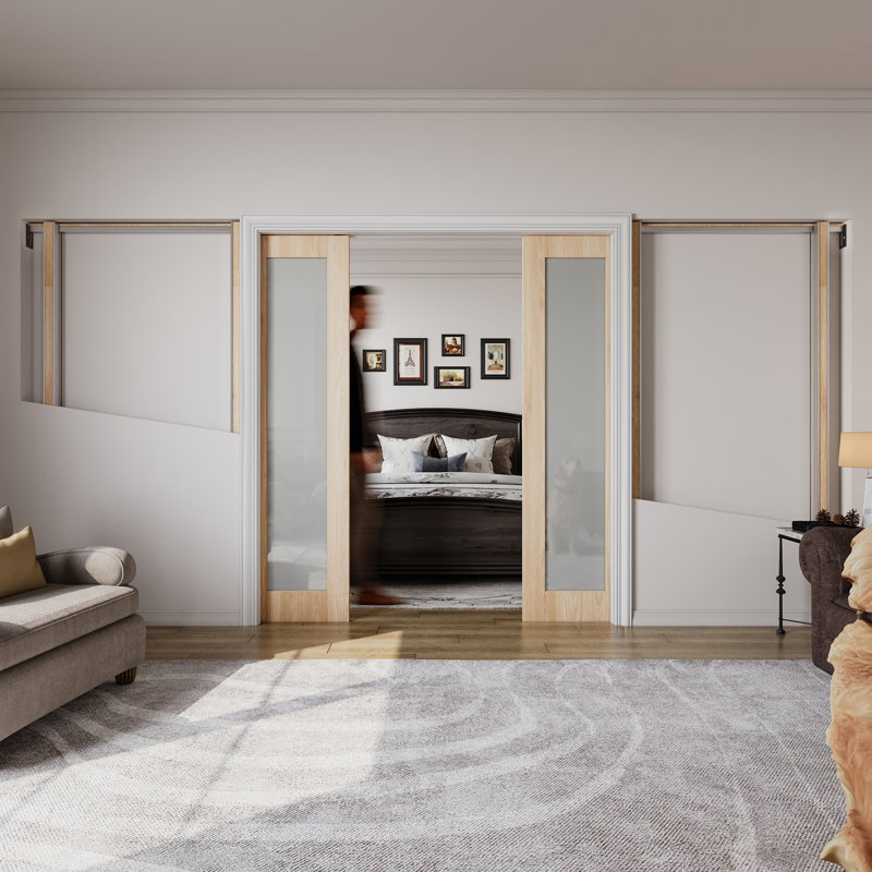 Porte coulissante double en pin 1-Lite, 72 po x 80 po