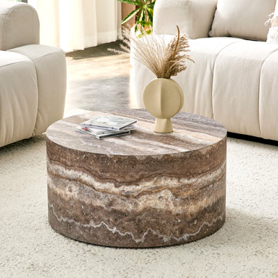 Table basse ronde en pierre à motif géométrique en bois massif, 23,6 po de diamètre x 11,8 po de hauteur, matériau de salon en bois aggloméré. Convient aux salons de style industriel ou minimaliste.