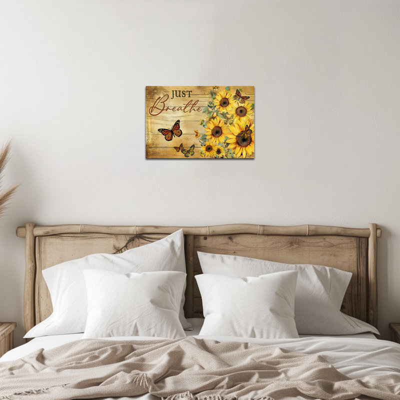 Tournesol, art mural Just Breathe, affiche florale rustique, ferme, impression sur toile, galerie d'art sur toile tendue pour cuisine, salle de bain, bureau, prêt à être accroché, 12 po x 18 po