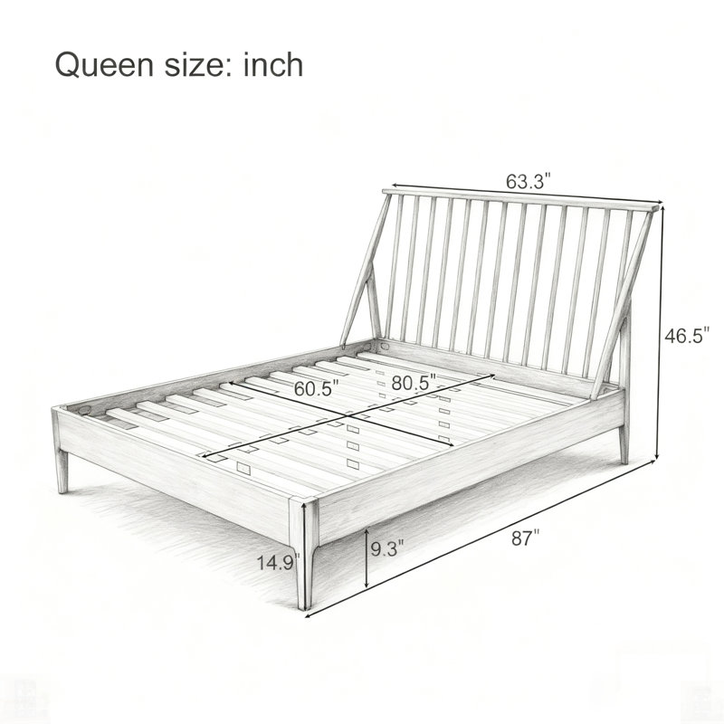 Solid Bamboo Wood Spindle Platform Queen Bed With Tall Headboard, Bohemian Mid-Century Modern Style, No Box Spring Required, Brown