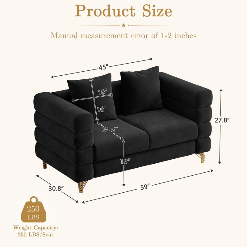 58" Modern Loveseat with Gold Metal Legs, Black Velvet