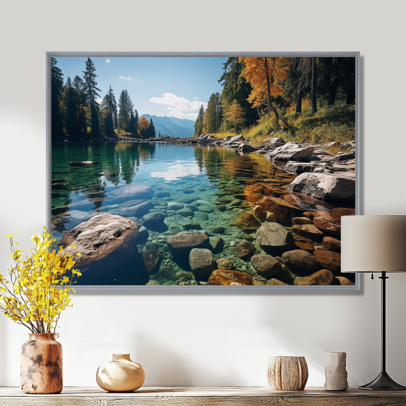 Lakeside Retreat I - Art mural pour salon Lakehouse, H 16 po x l 32 po x P 1 po, Encadrement argenté