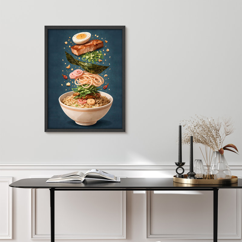 Floating Ramen Ingredients Illustration Framed Wall Art Prints - Modern Kitchen Decor, Noir, H 16 po x l 12 po
