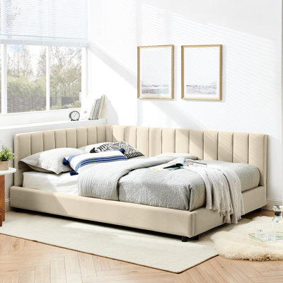 Lit de jour double avec revêtement en velours, structure solide et siège confortable pour la chambre à coucher, cadre de lit de style Mid-Century, accoudoirs rembourrés en velours beige
