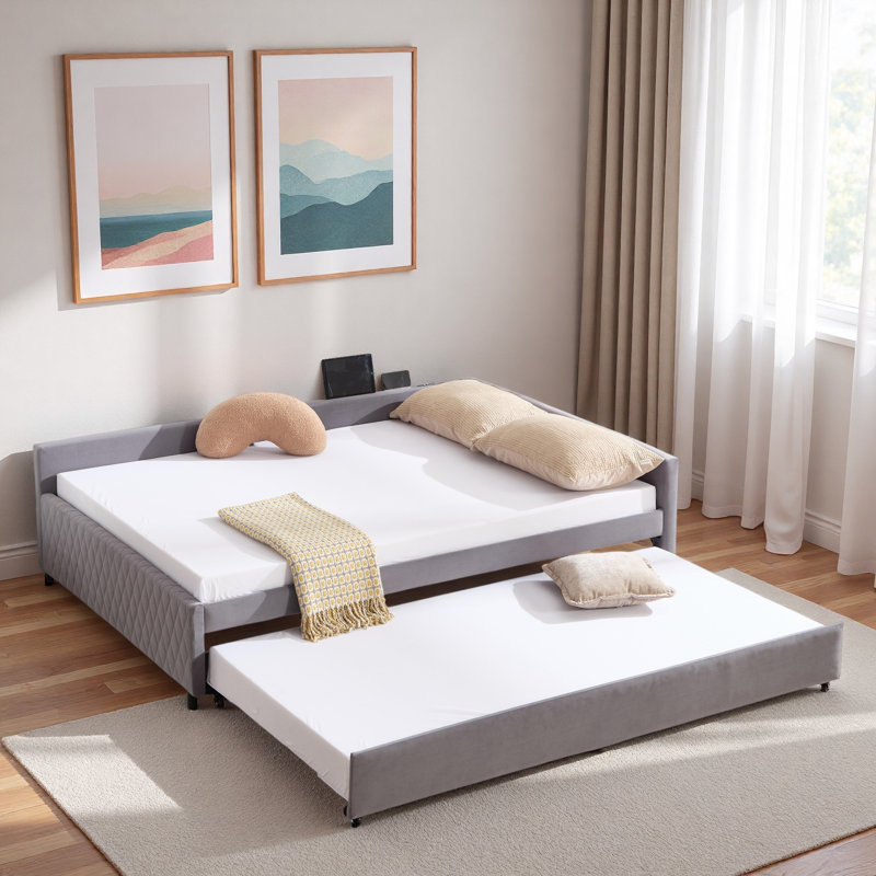 Upholstered Daybed With Trundle And Usb, Gray