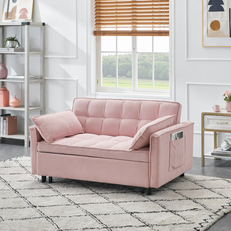 Canapé-lit pliant avec dossier réglable pour accoudoir inclinable, H 32,3 po x l 55,1 po x P 33,1 po, Velours côtelé rose