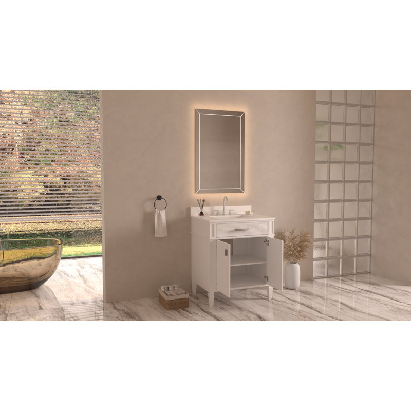 Meuble-lavabo moderne autoportant blanc Durand de 76 cm (30 po), de marque Tennant, avec lavabo simple et comptoir en quartz blanc, entièrement assemblé.