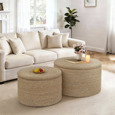  Ensemble de 2 tables basses rondes de rangement tissées avec couvercle amovible, tables d'appoint tissées à la main naturelles pour le salon