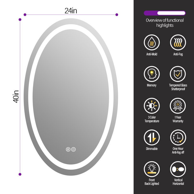 Lunara 192 LEDs/m Front&Back Lit LED Bathroom/Vanity Mirror, Oval Wall Mirror – IP45 Waterproof, 3-Color Dimmable, Anti-Fog, Tempered Glass, ETL Certified