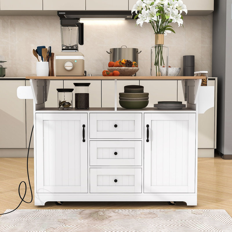 Kitchen Cart with Dual Drop Leaf, Rolling Design, Power Outlet and Ample Storage on 5 Wheels, White