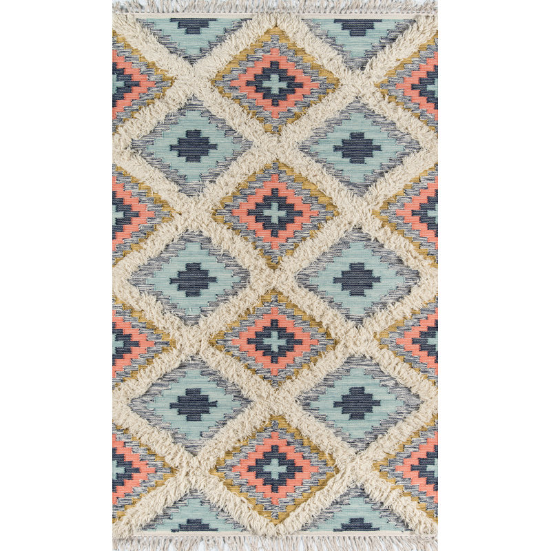 Handmade Blue Geometric Wool 5' x 7' Area Rug