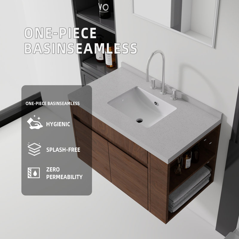 Meuble-lavabo flottant avec lavabo, Brun, L 36 po