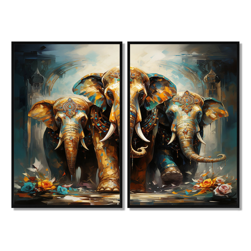 Art asiatique, éléphants thaïlandais X - art mural global, H 36 po x l 48 po, Reproduction encadrée sans passe-partout, Noir