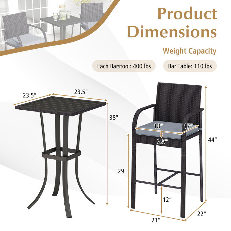 3-Piece Patio Wicker Rattan Bar Height Chairs and Square Table Set
