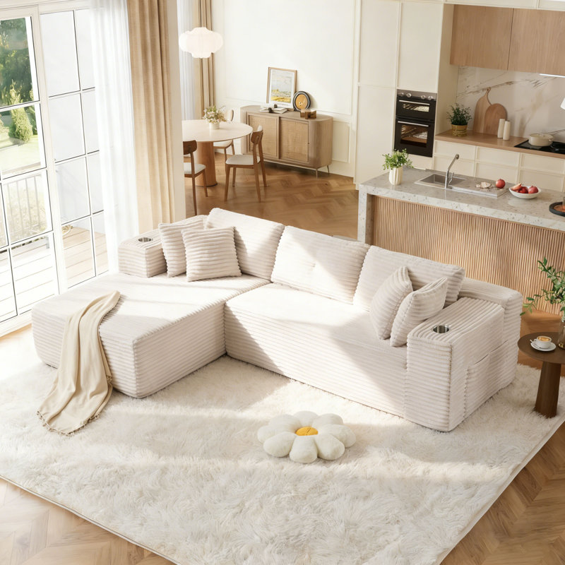 Canapé modulaire en L de 105 po avec siège en tissu velours côtelé de 105 po, sans assemblage requis, noir, Coton blanc